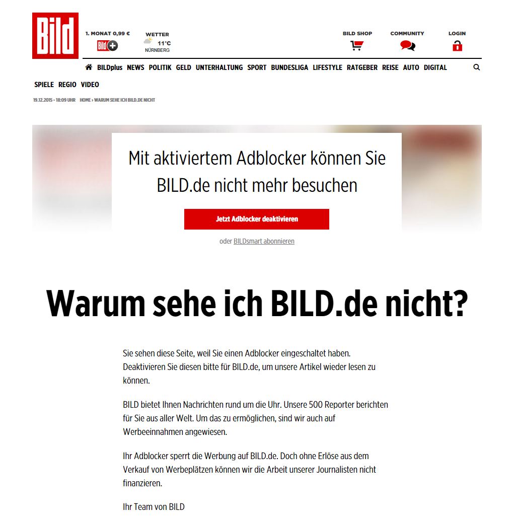 Bild.de mit Werbeblocker