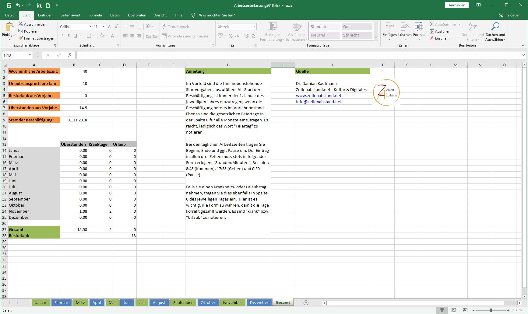 Arbeitszeiterfassung In Excel Vorlage Zur Freien Nutzung