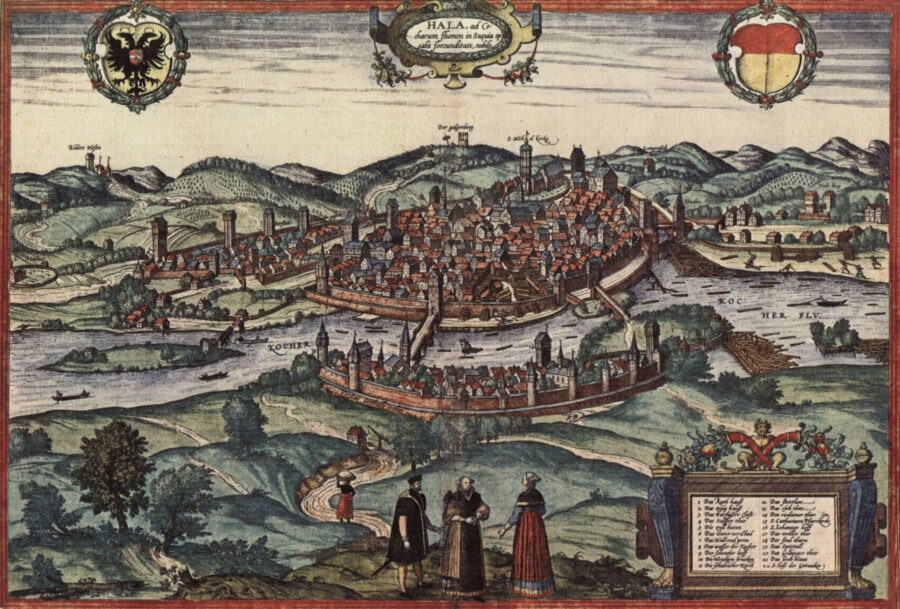 Hall um 1580 (Kupferstich Frans Hogenberg)